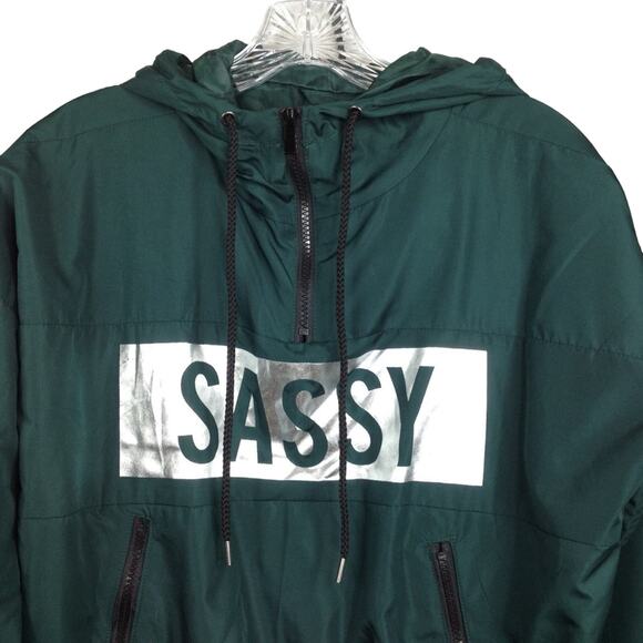 Rue 21 SASSY Cropped Windbreaker Hoodie Jacket Green Silver Small - Picture 2 of 9